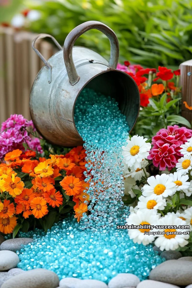 watering can pouring blue glass bead stream into flower bed fountain 1