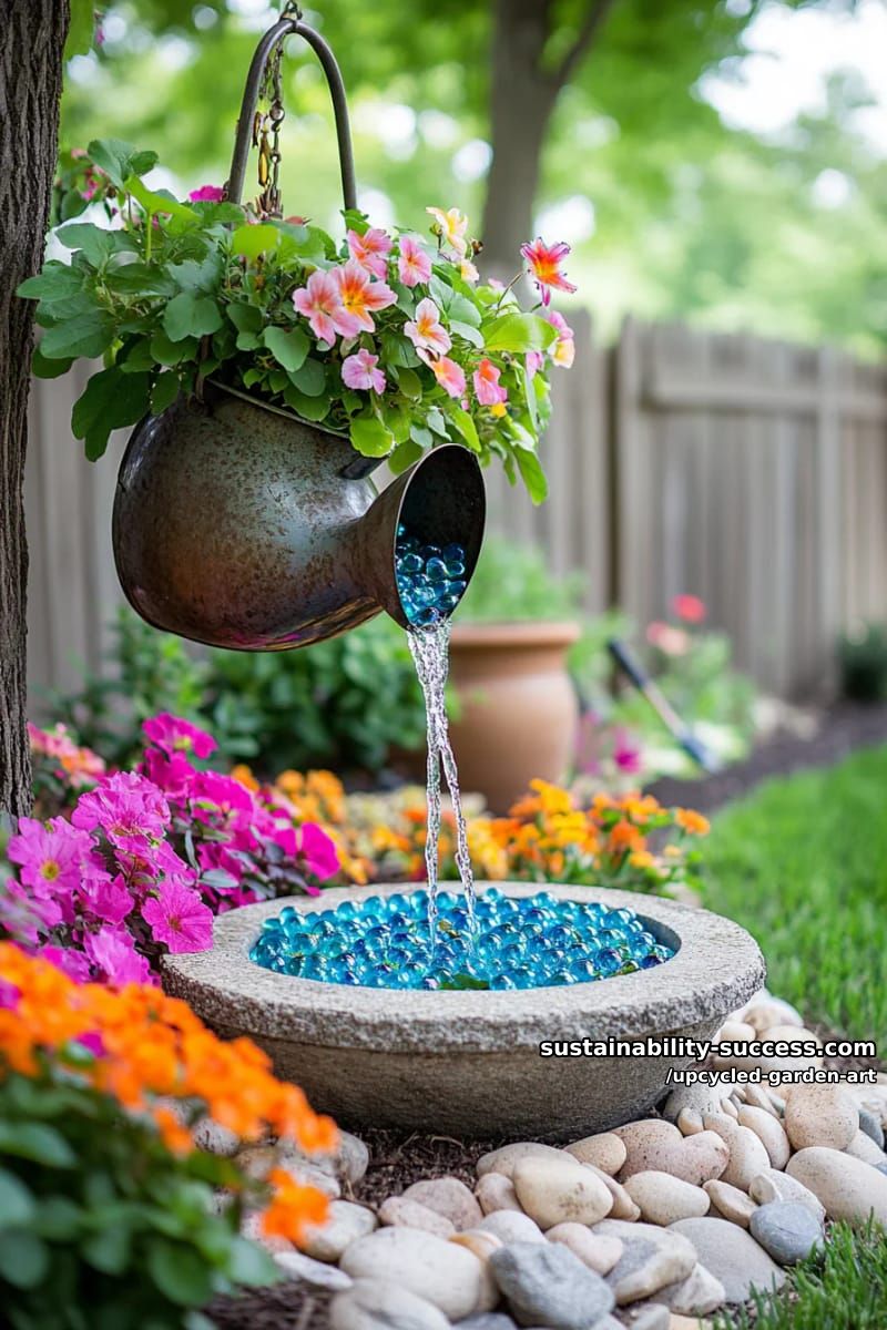 watering can pouring blue glass bead stream into flower bed fountain 1
