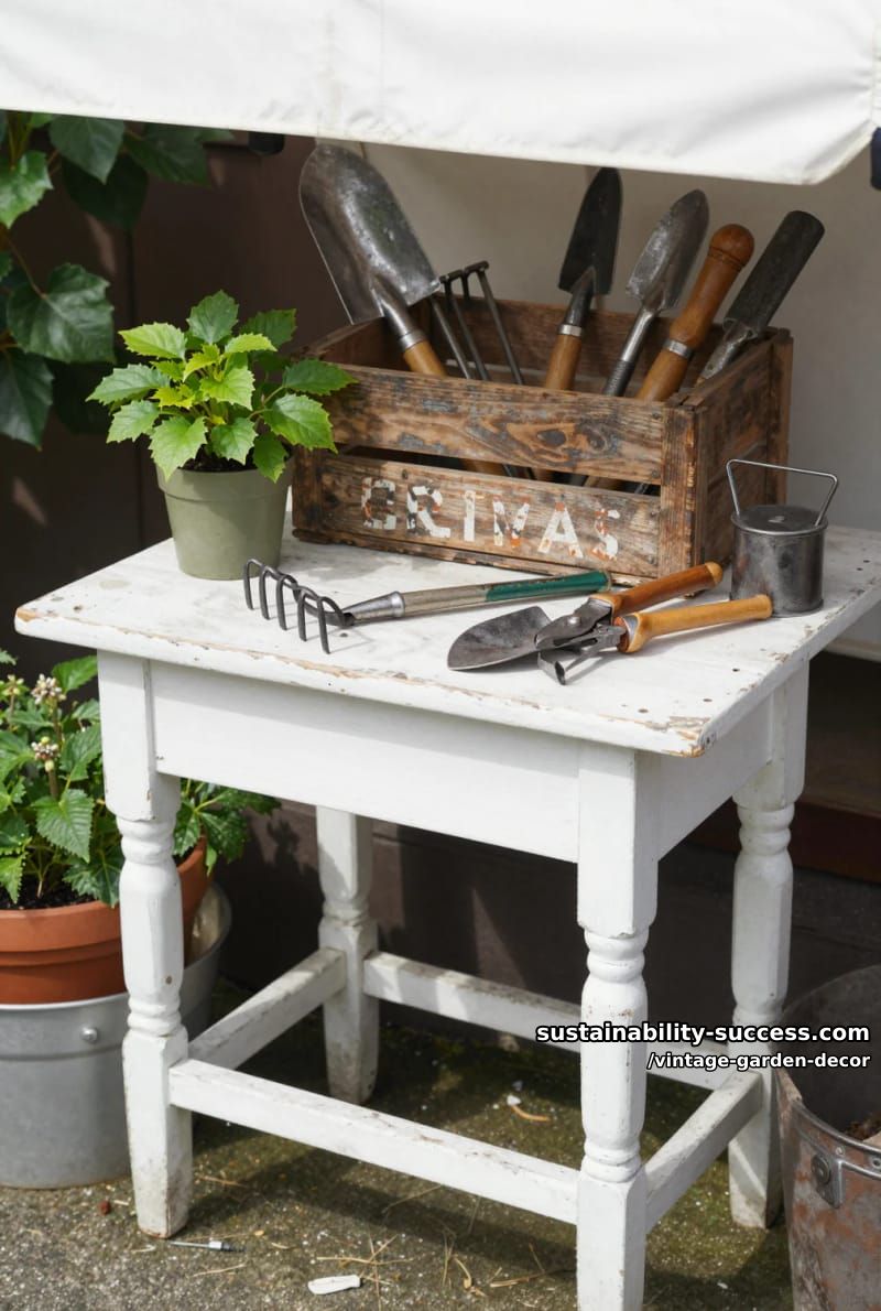 weathered outdoor table with vintage gardening tools and potted plant. 1