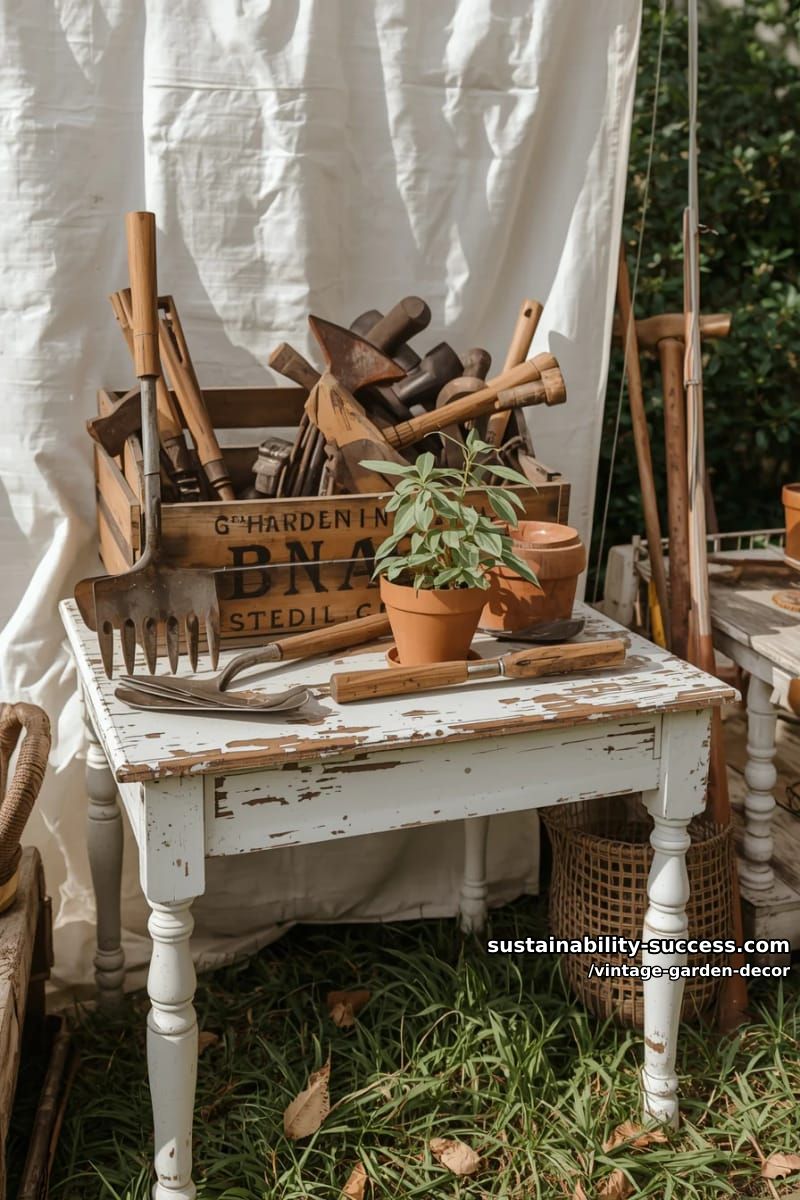 weathered outdoor table with vintage gardening tools and potted plant. 1