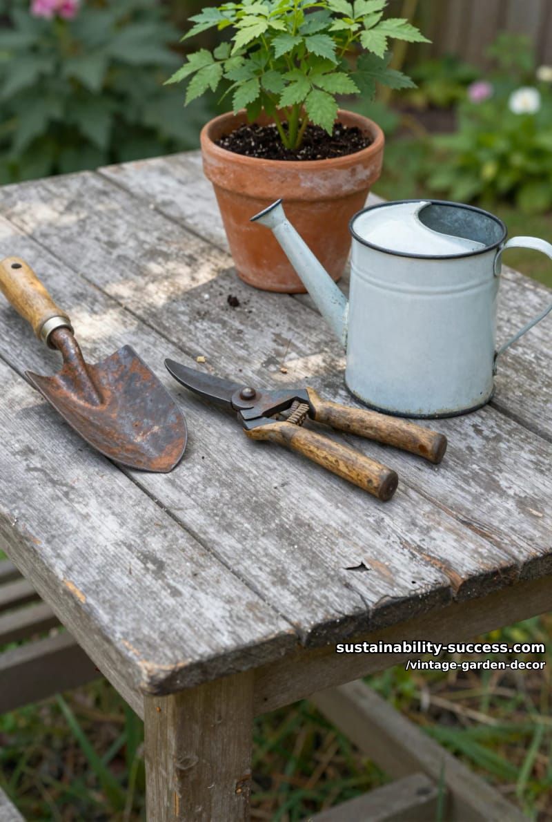 weathered outdoor table with vintage gardening tools and potted plant. 1