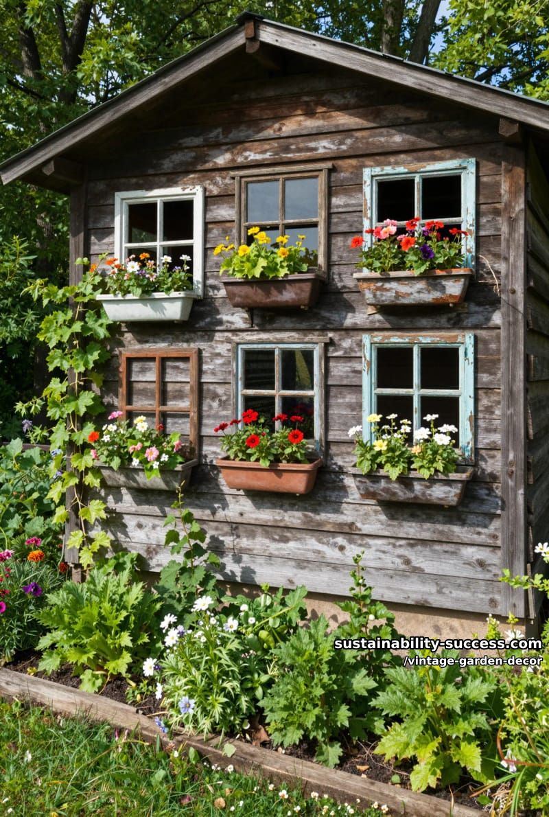 weathered shed wall decorated with vintage window frames and potted flowers. 1