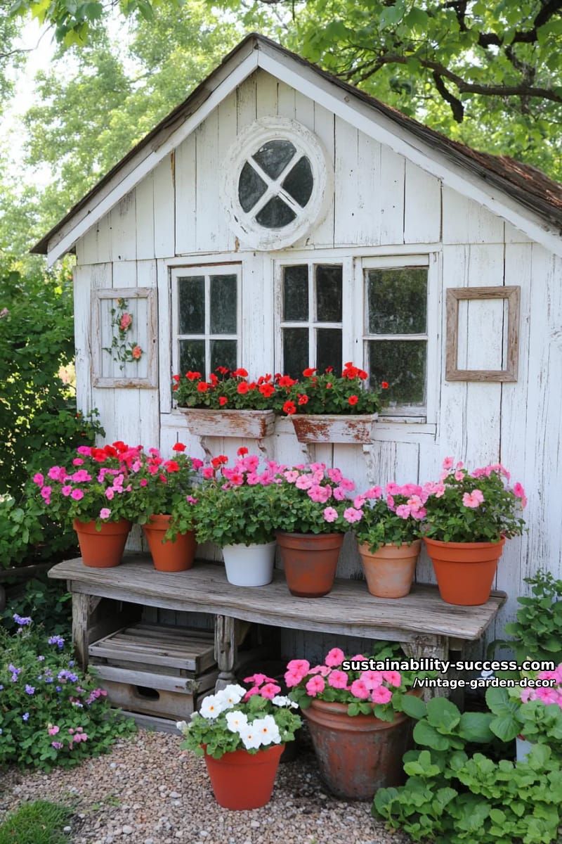 weathered shed wall decorated with vintage window frames and potted flowers. 1