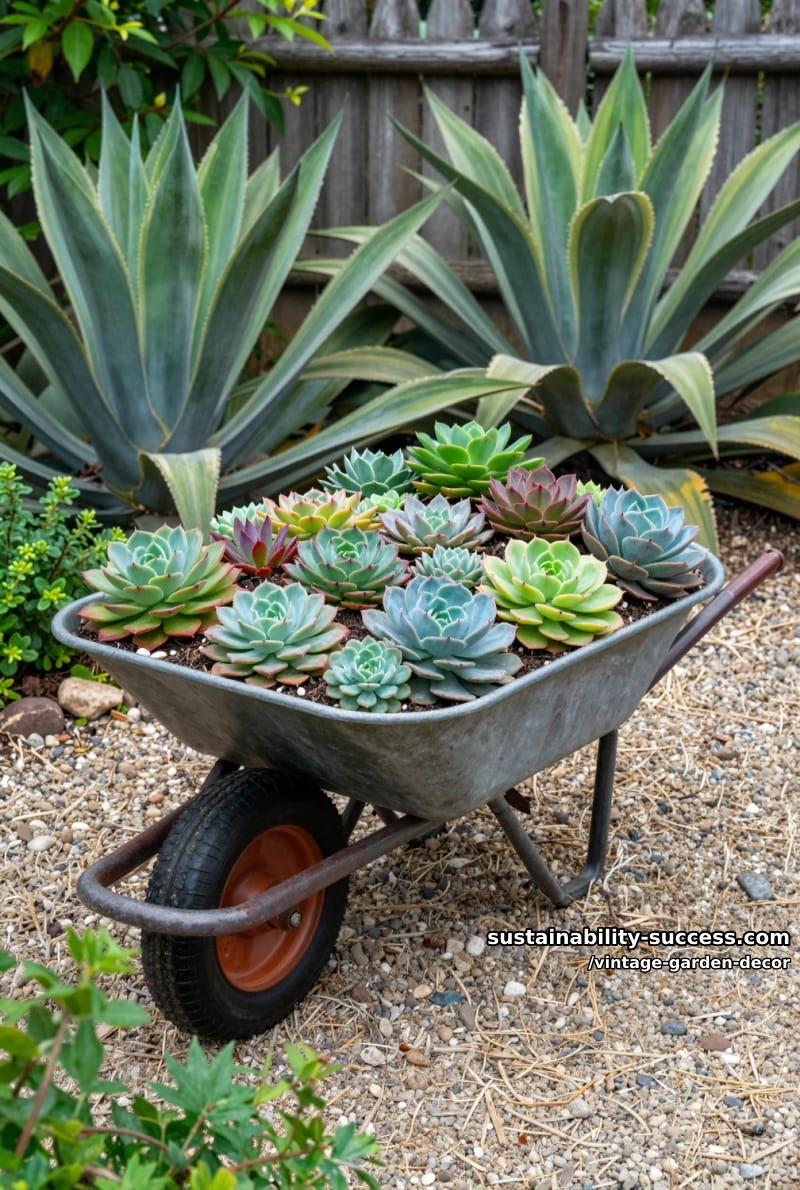 weathered wheelbarrow planter filled with succulents in a lush garden. 1