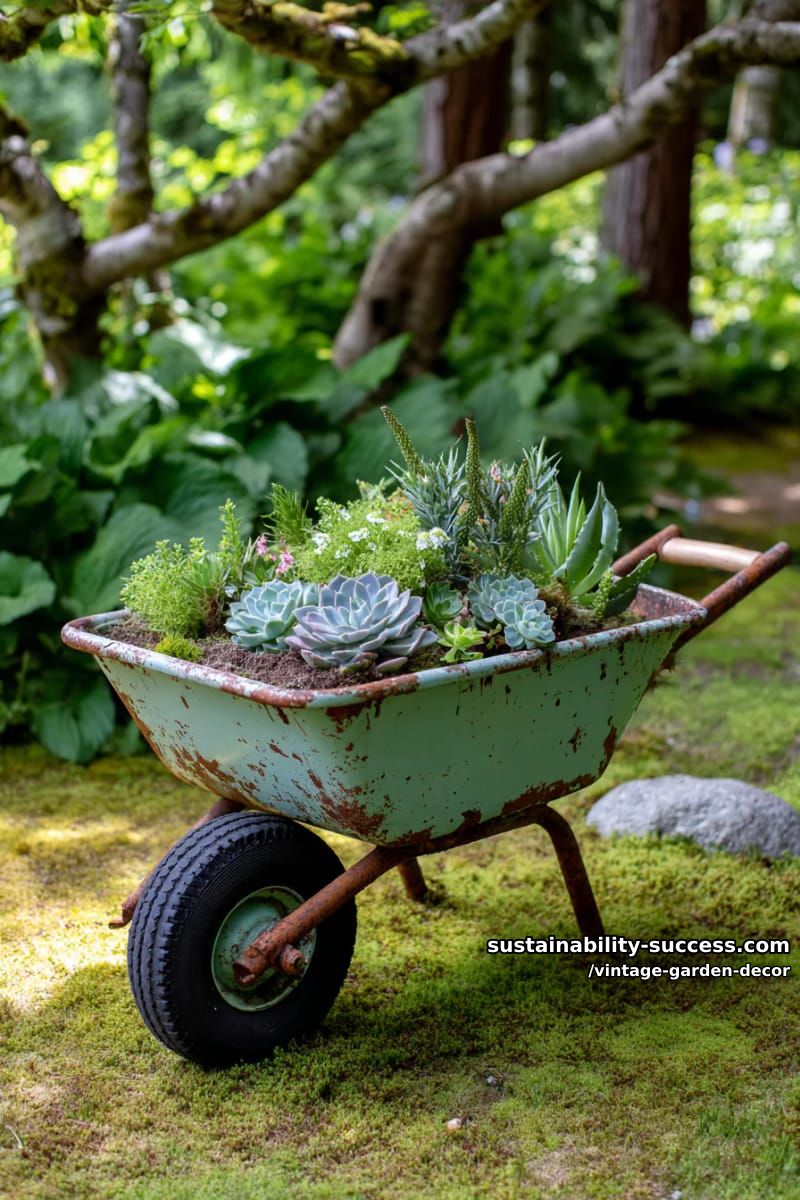 weathered wheelbarrow planter filled with succulents in a lush garden. 1