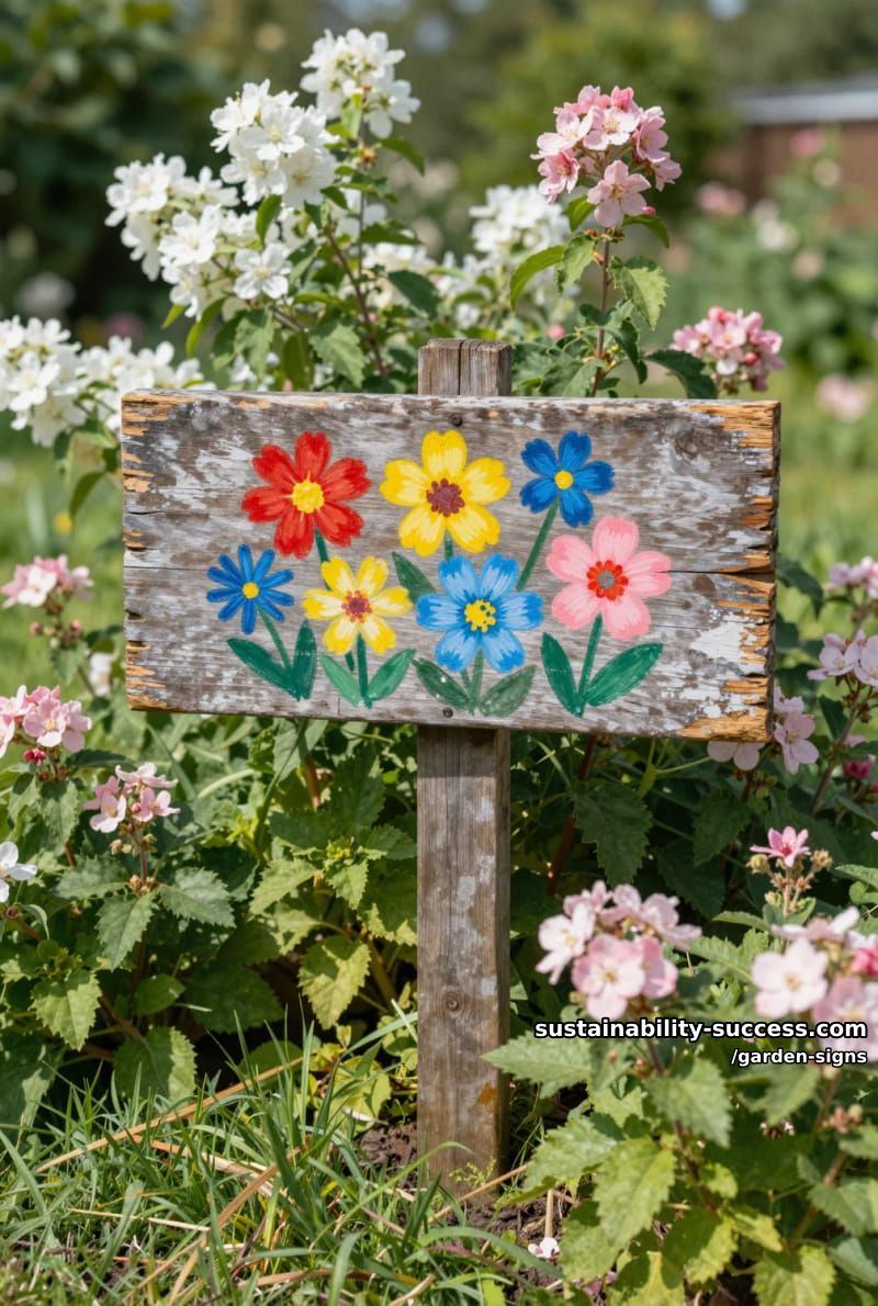 weathered wooden sign with colorful hand-painted flowers in a vibrant garden 1