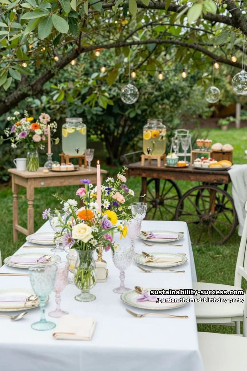 whimsical garden party with pastel glassware, wildflowers, and string lights. 1