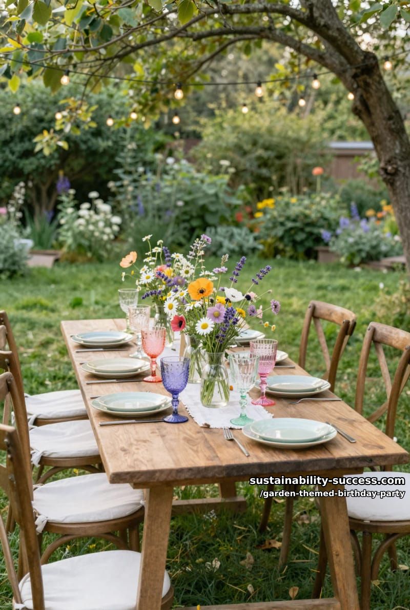 whimsical garden party with pastel glassware, wildflowers, and string lights. 1