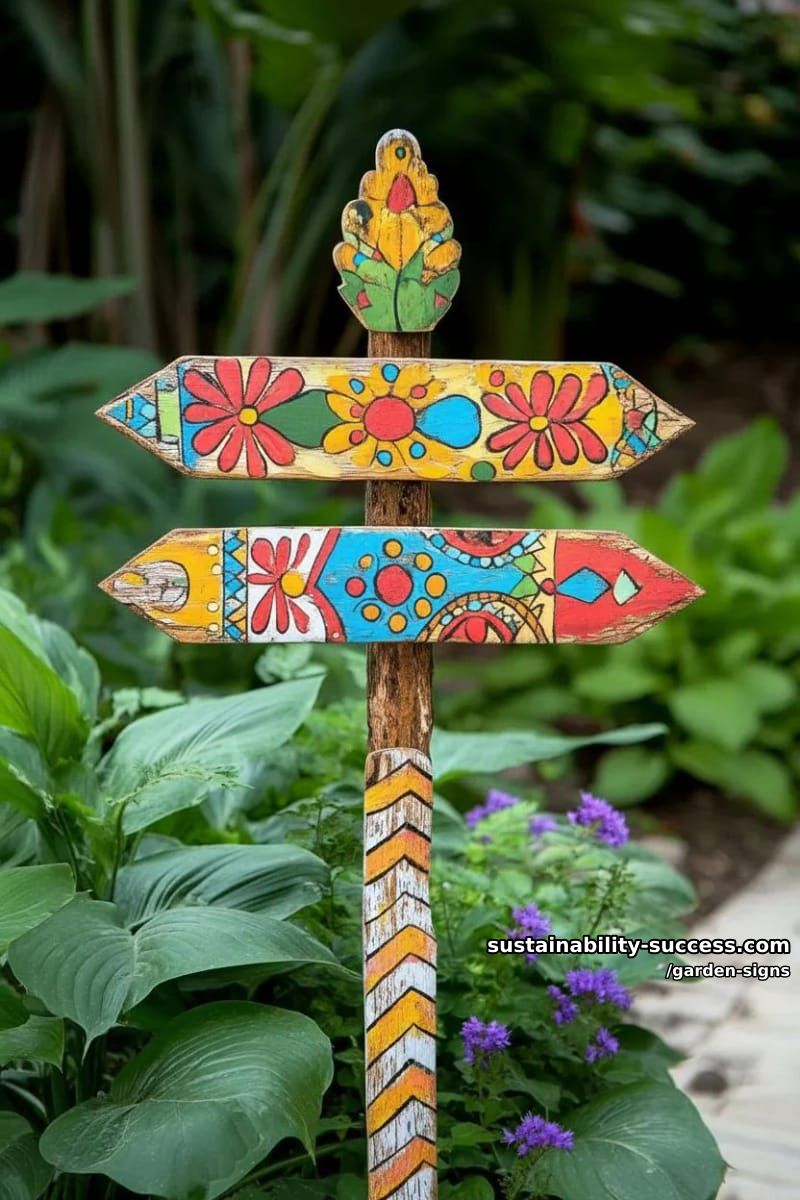 whimsical jagged wooden garden sign with colorful floral patterns 1