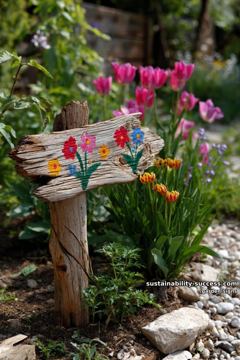 whimsical jagged wooden garden sign with colorful floral patterns 1