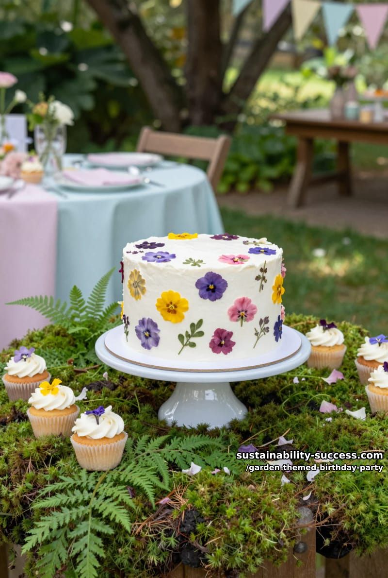 white cake with pressed edible flowers on mossy outdoor display. 1