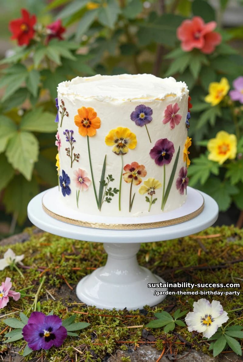 white cake with pressed edible flowers on mossy outdoor display. 1