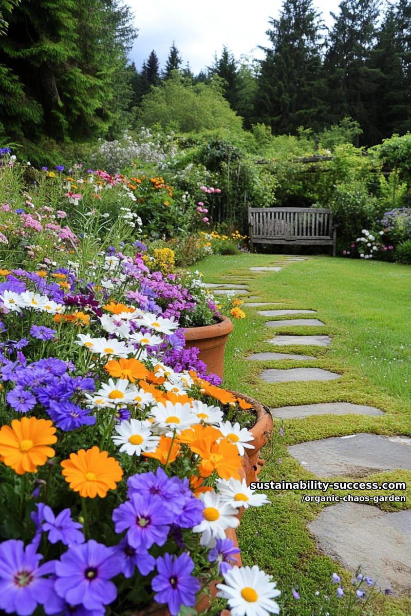 wildflower explosion with winding mulched footpaths and mossy stepping stones 1
