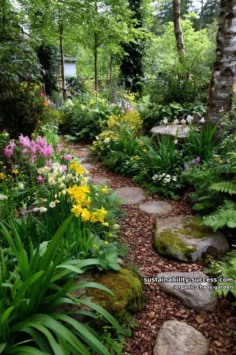 wildflower explosion with winding mulched footpaths and mossy stepping stones 1