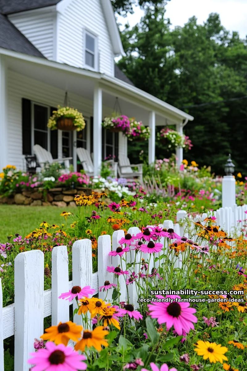 wildflower meadow borders buzzing with native pollinators beside a classic white picket fence 1
