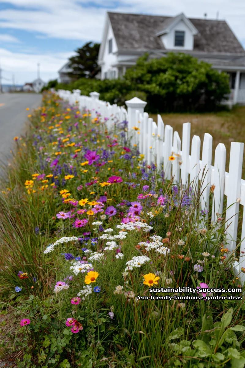 wildflower meadow borders buzzing with native pollinators beside a classic white picket fence 1