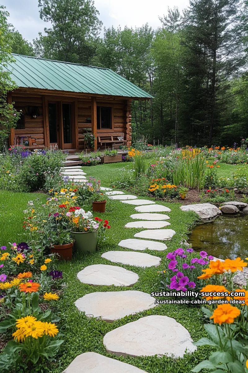 wildflower meadow with stone stepping path circling a mini garden pond 1