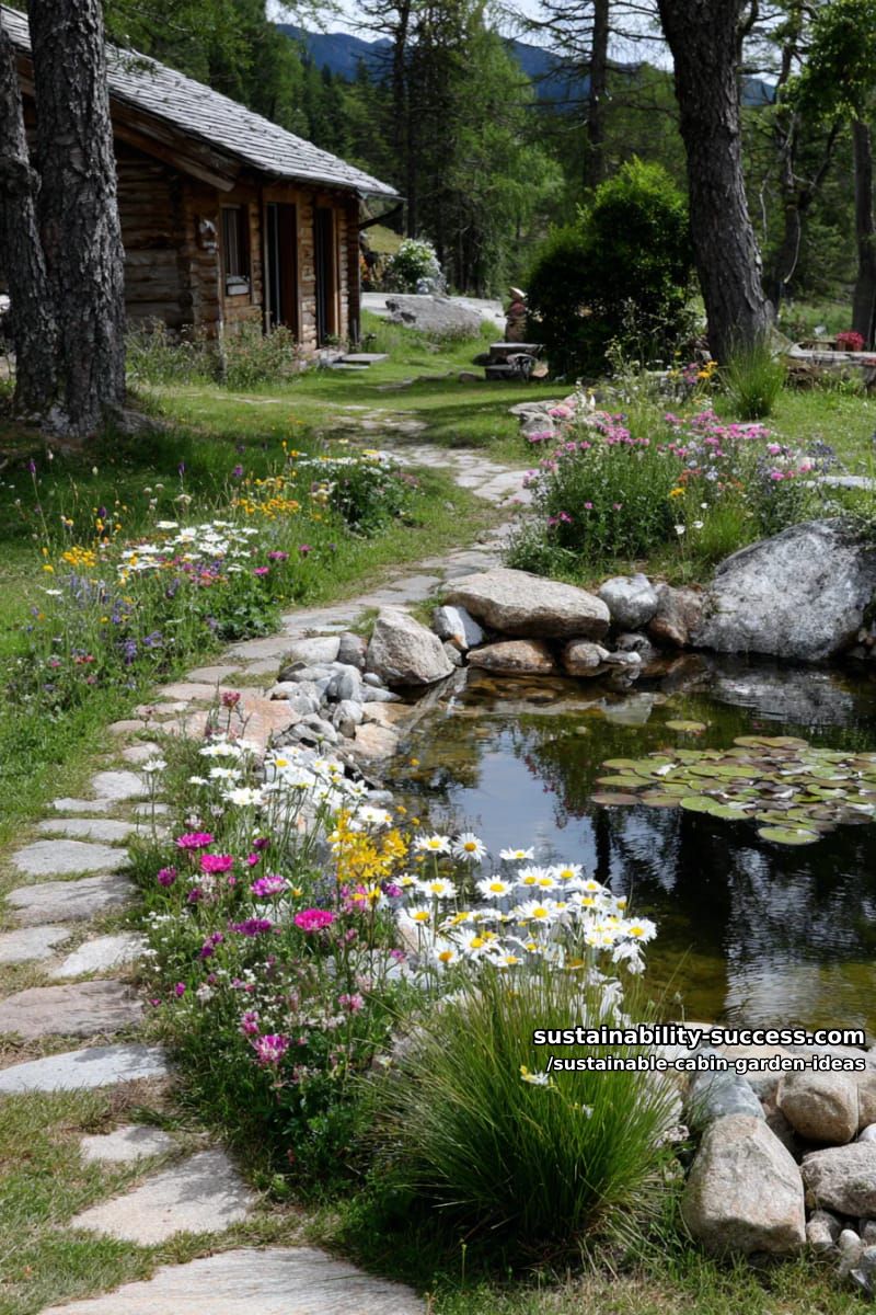 wildflower meadow with stone stepping path circling a mini garden pond 1