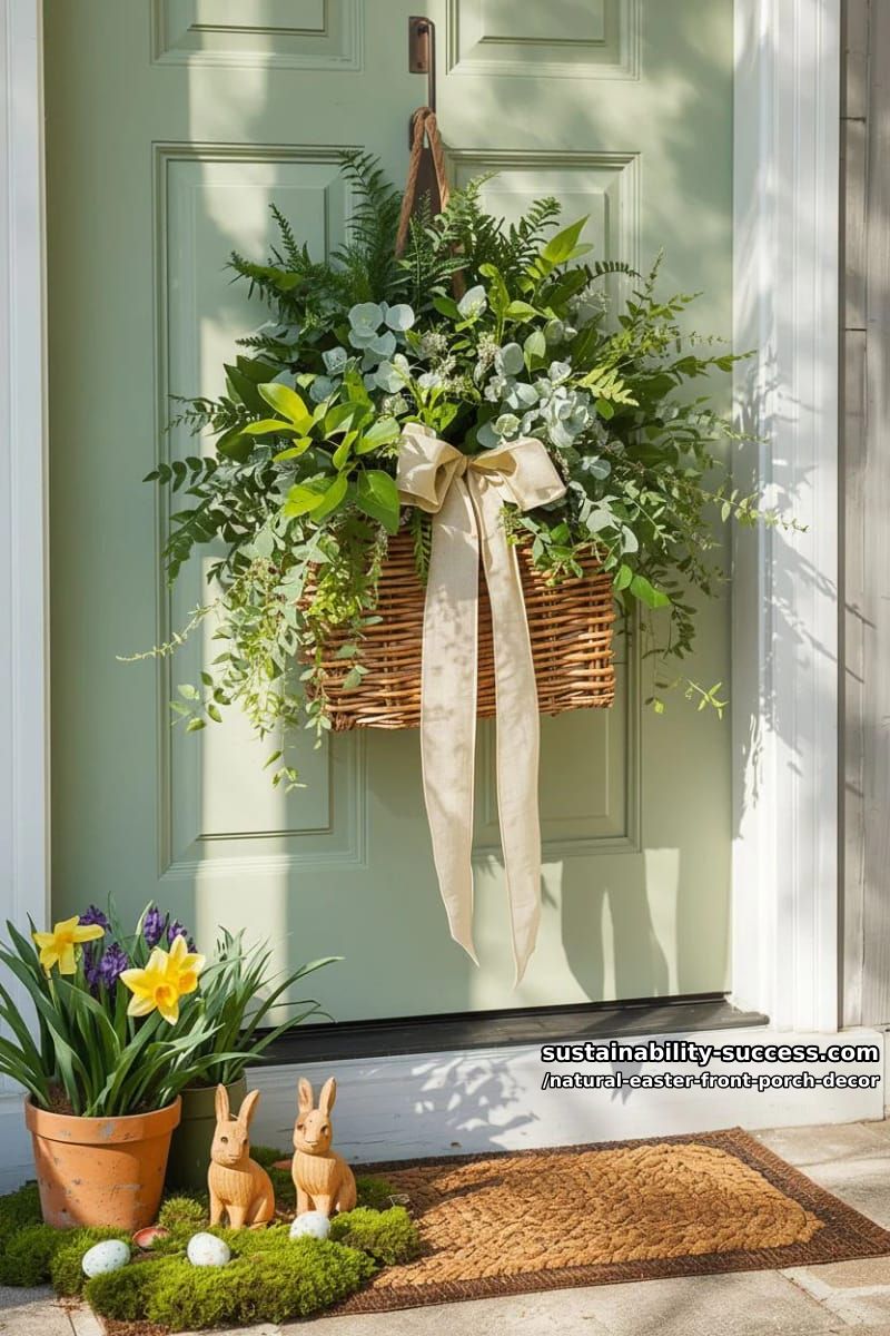 willow basket overflowing with greenery, tied to door with linen ribbon 1