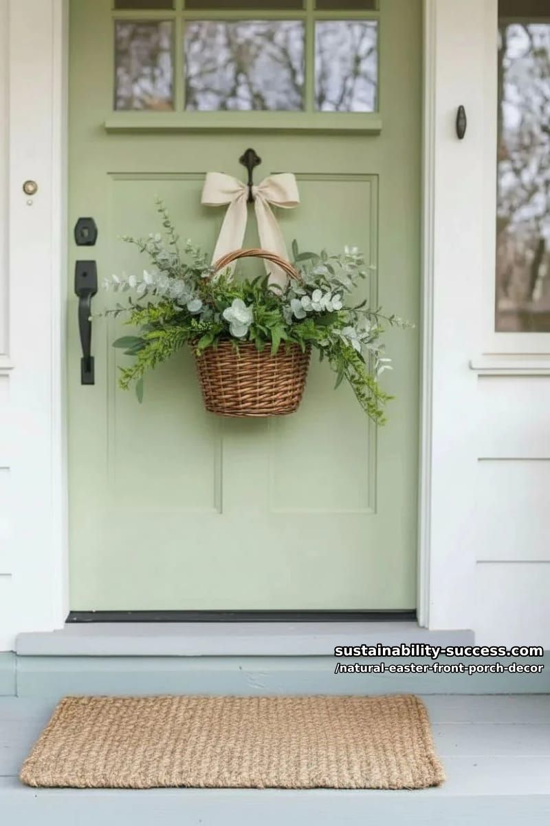 willow basket overflowing with greenery, tied to door with linen ribbon 1