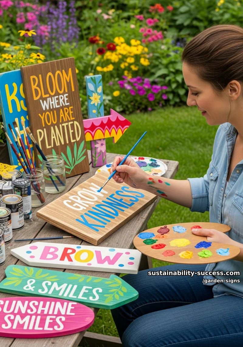 woman hand-painting cheerful quotes on wooden garden signs outdoors 1