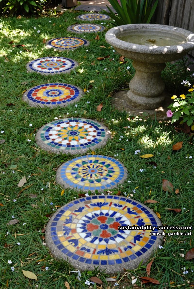 woman placing colorful mosaic tiles on garden stepping stones and birdbath 1