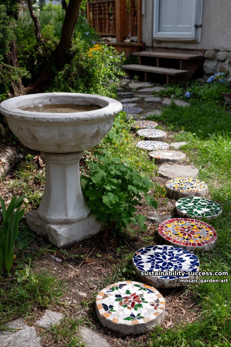 woman placing colorful mosaic tiles on garden stepping stones and birdbath 1