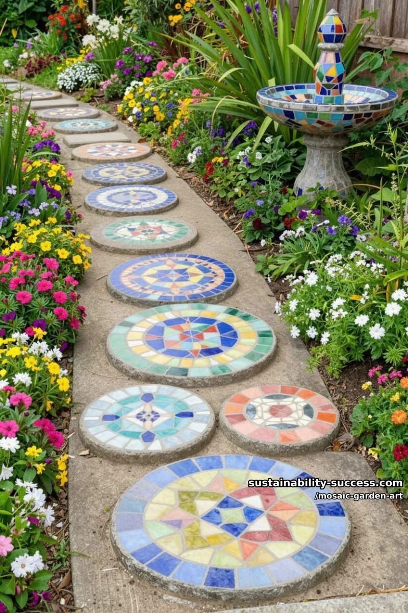 woman placing colorful mosaic tiles on garden stepping stones and birdbath 1