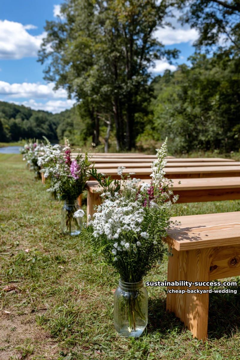 wooden benches and mason jar floral aisle on a sunny green field 1