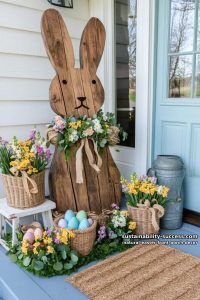 wooden bunny cutout decorated with eucalyptus leaves and wildflowers 21