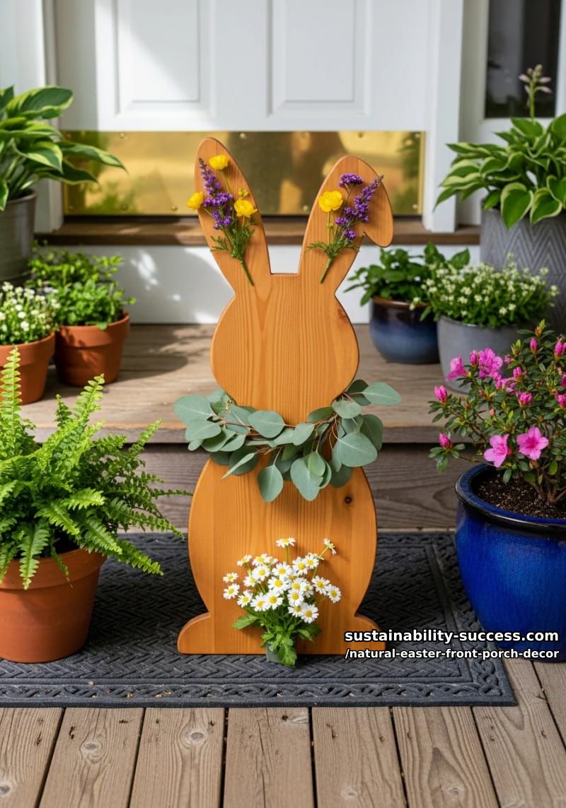 wooden bunny cutout decorated with eucalyptus leaves and wildflowers 1