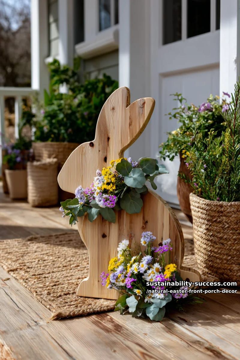 wooden bunny cutout decorated with eucalyptus leaves and wildflowers 1