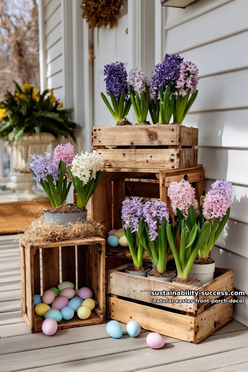 wooden crate display stacked with potted hyacinths and pastel eggs 1