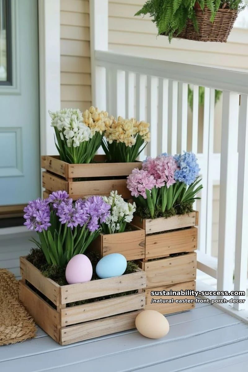wooden crate display stacked with potted hyacinths and pastel eggs 1