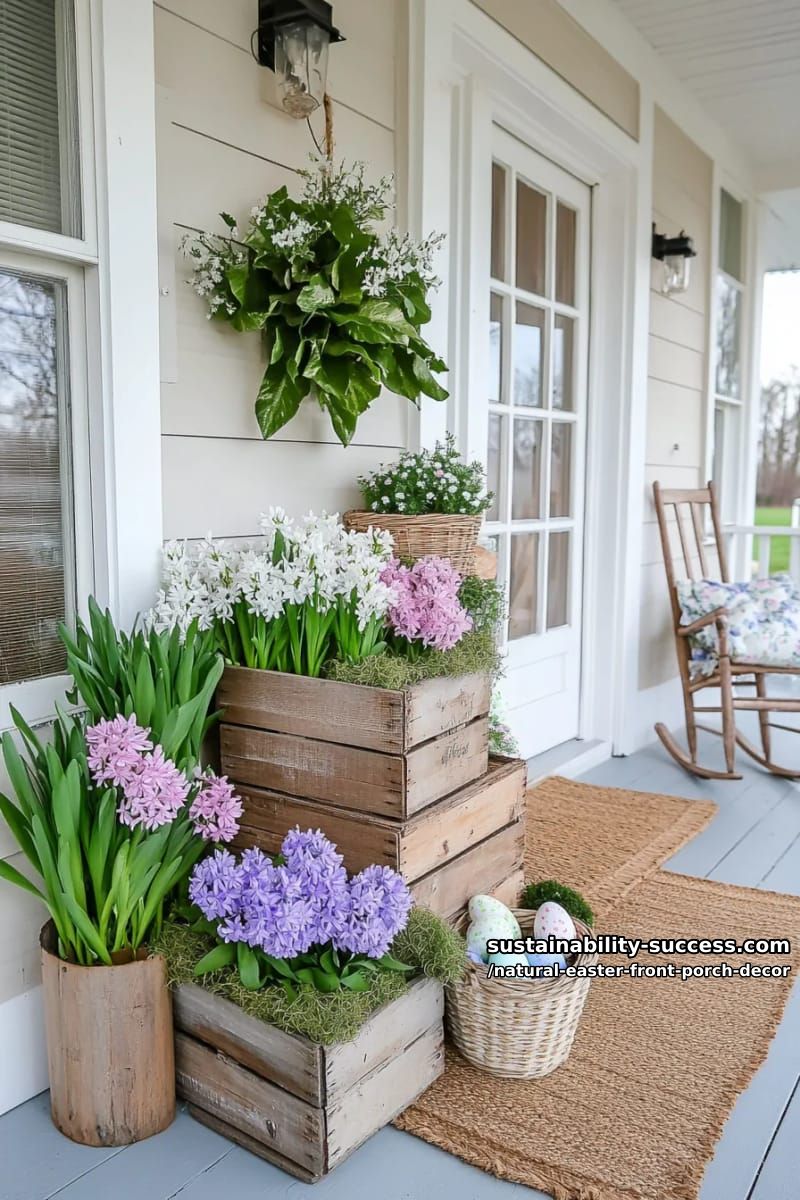 wooden crate display stacked with potted hyacinths and pastel eggs 1