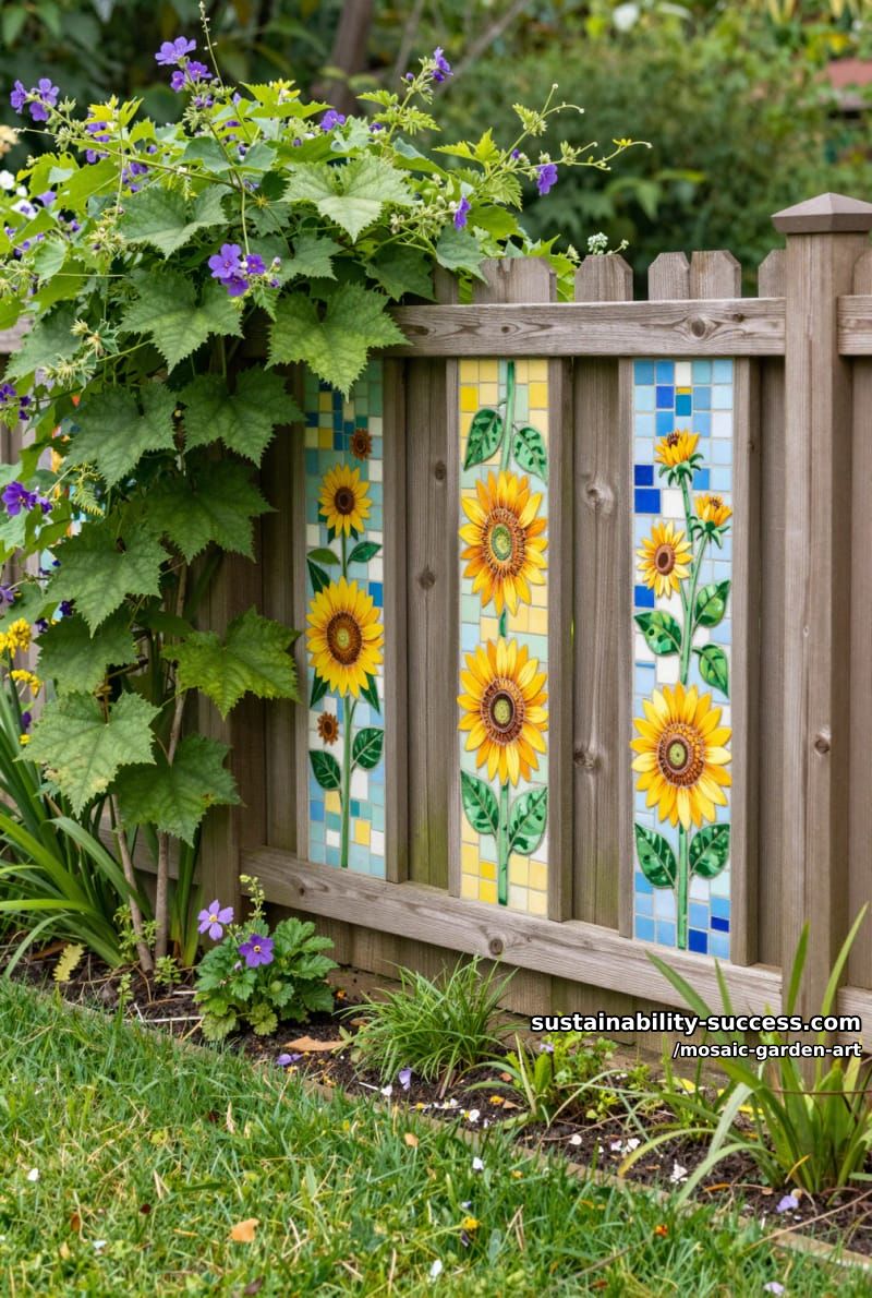 wooden garden fence with colorful floral mosaic panels and climbing vines 1