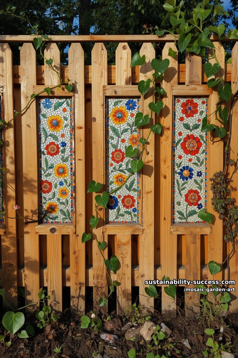 wooden garden fence with colorful floral mosaic panels and climbing vines 1