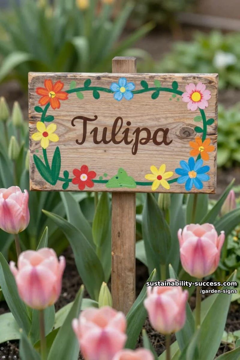 wooden garden sign with colorful flowers and whimsical shapes among tulips 1