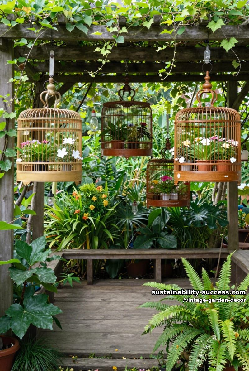 wooden pergola with hanging vintage birdcages and potted plants. 1