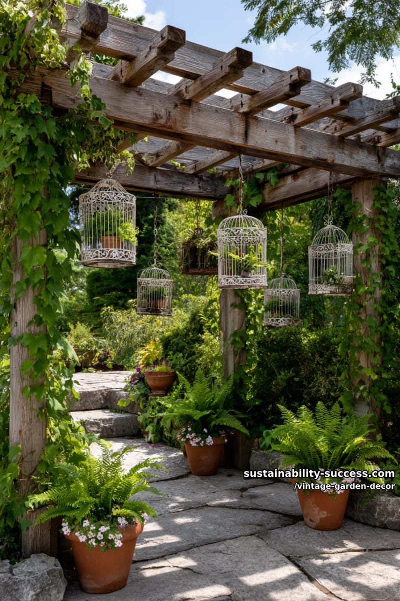 wooden pergola with hanging vintage birdcages and potted plants. 1