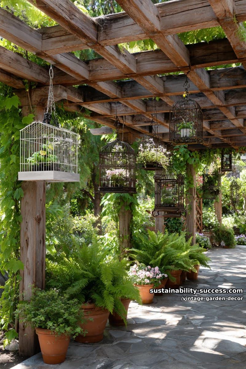 wooden pergola with hanging vintage birdcages and potted plants. 1