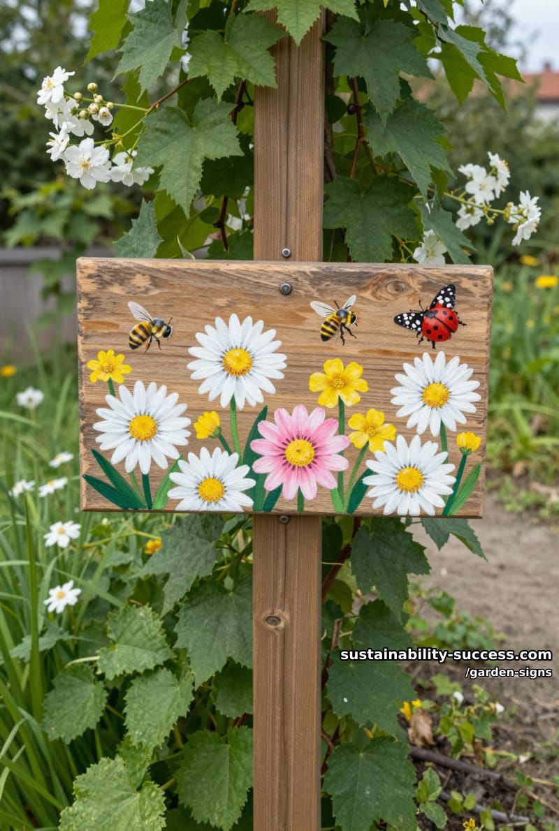 wooden sign with painted daisies, bees, butterflies, and ladybug among greenery 1
