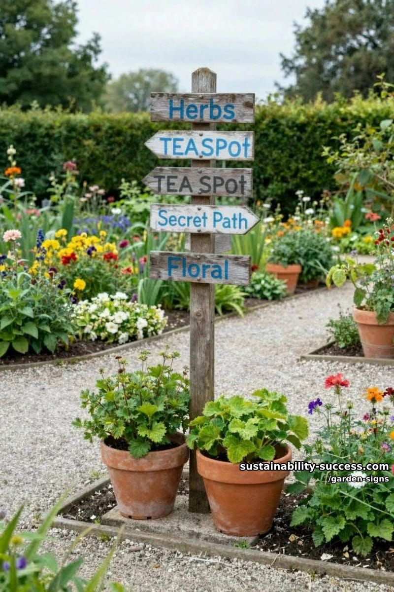 wooden signpost with multiple hand-painted directional arrows in a lush garden 1