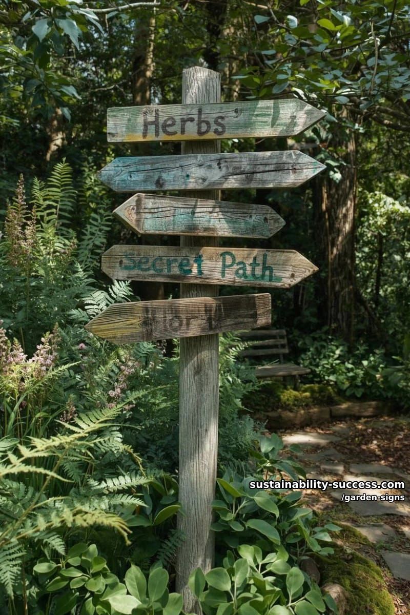 wooden signpost with multiple hand-painted directional arrows in a lush garden 1
