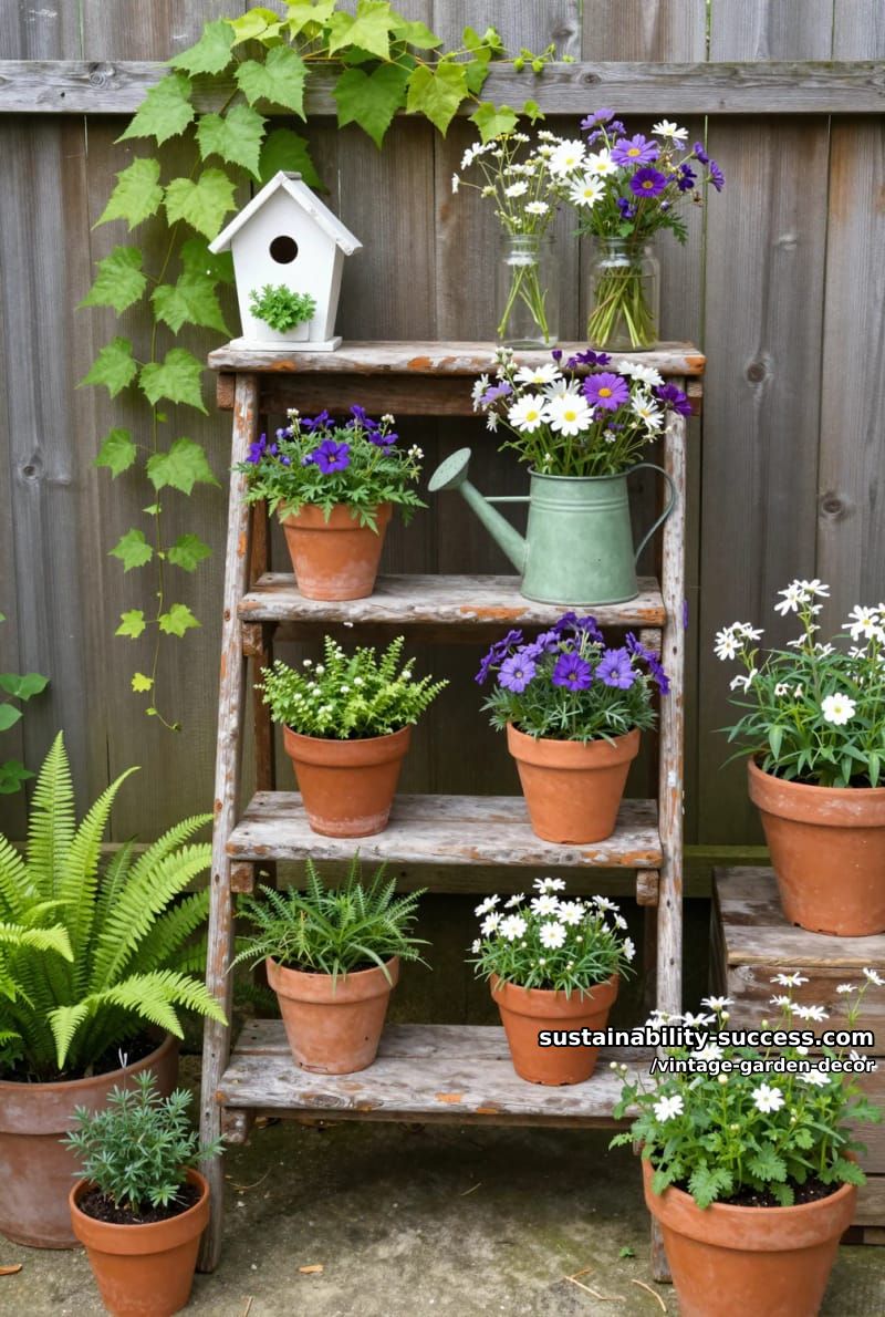wooden step ladder display with potted plants, birdhouse, and wildflowers. 1