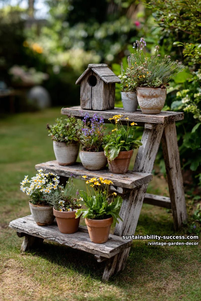 wooden step ladder display with potted plants, birdhouse, and wildflowers. 1