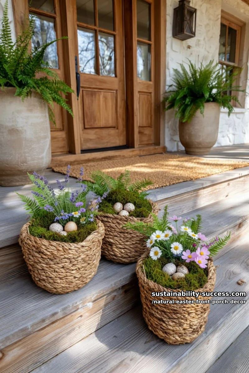 woven seagrass baskets brimming with moss, ferns, and faux bird nests 1
