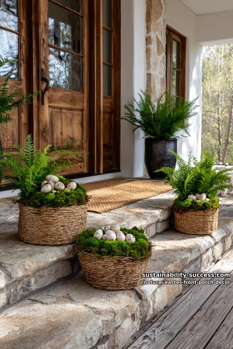woven seagrass baskets brimming with moss, ferns, and faux bird nests 1