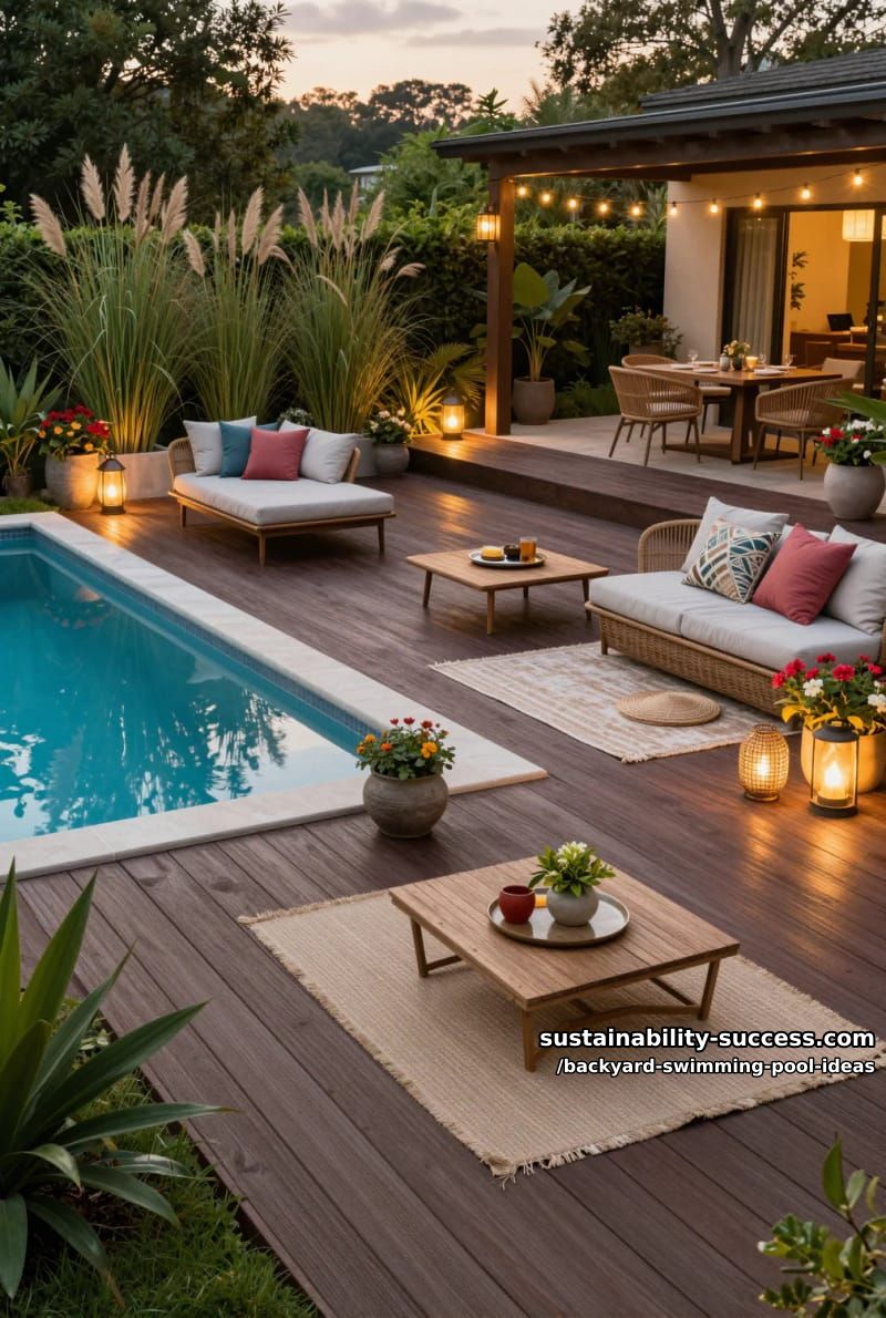 above-ground pool set in dark wood deck with multi-level seating 1