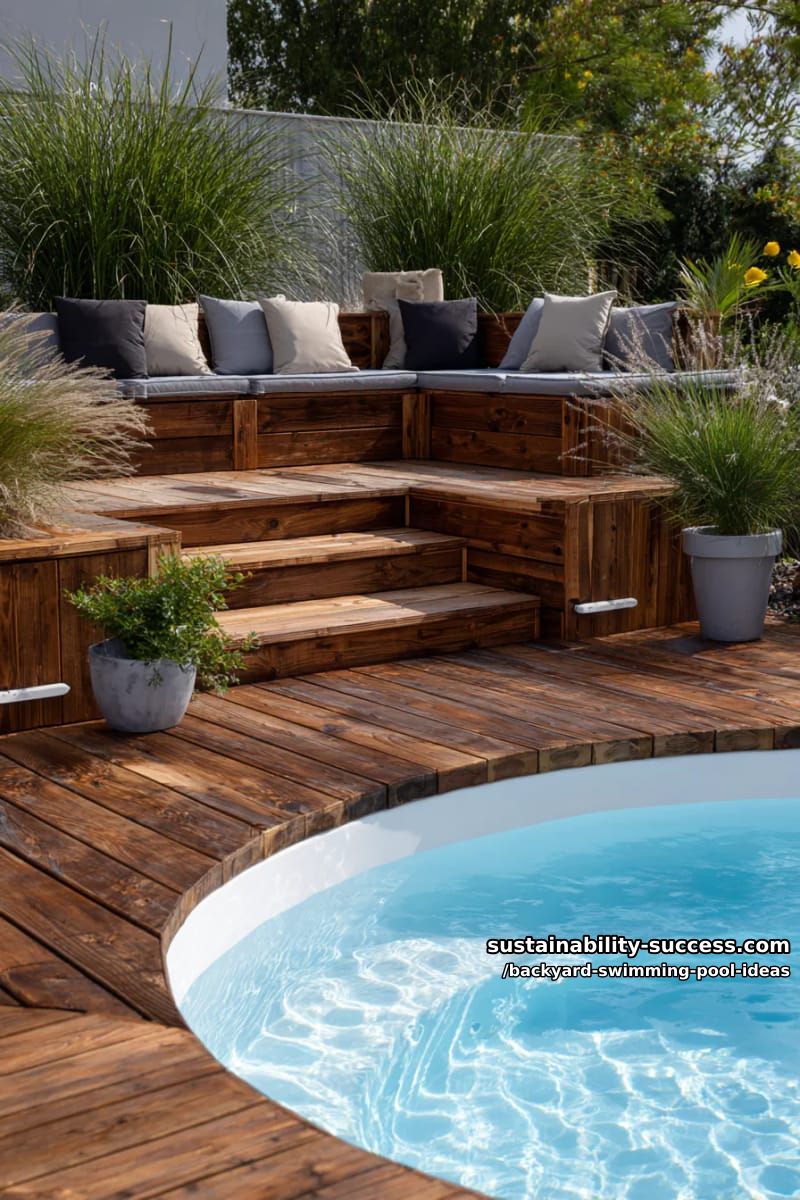 above-ground pool set in dark wood deck with multi-level seating 1